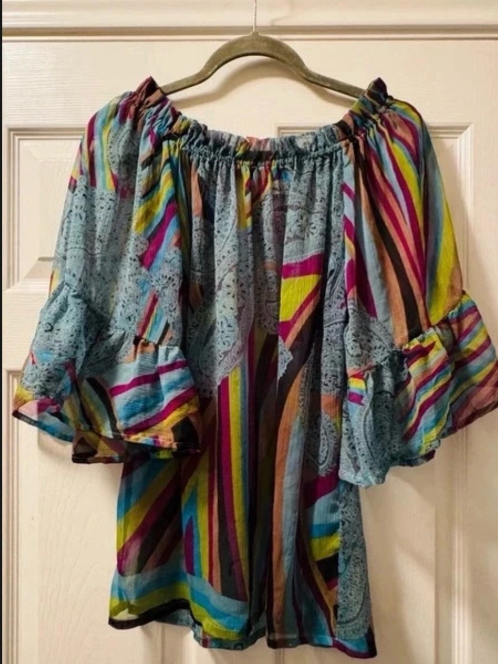 Off-Shoulder Multicolor Striped Ruffle-Sleeve Blouse